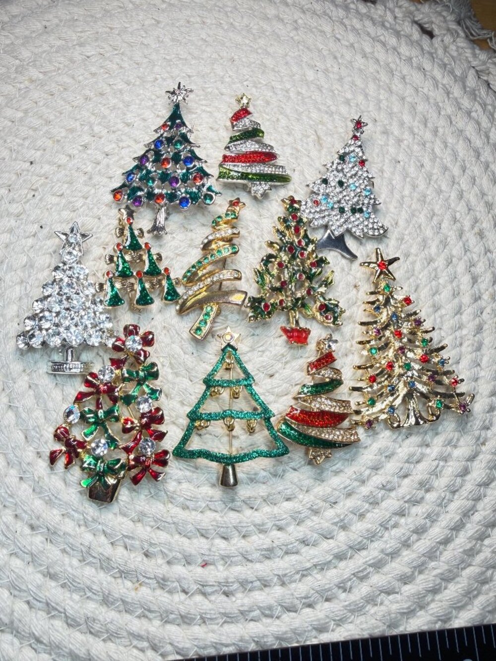 Christmas Tree Brooches Lot of 11 | Vintage Modern Rhinestone Enamel Holiday Pin